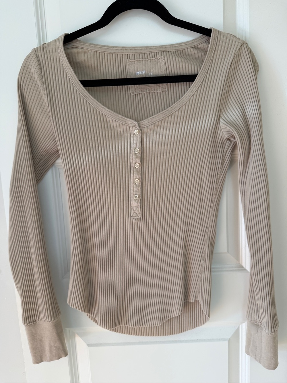 aerie Ribbed Henley Long-Sleeve Top in Beige